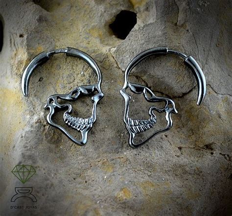 Black Silver Skull Hoop Earrings Profile Skull Earring Etsy UK In