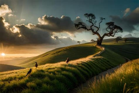 Premium AI Image | A sunset with a tree on the hill