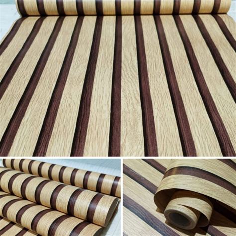 Jual Wallpaper Sticker Dinding Kayu Papan Krem Garis Coklat Minimalis