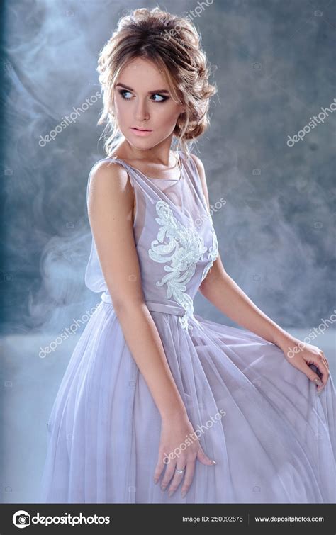 Bride Blonde Woman Modern Color Wedding Dress Elegant Hair Style Stock