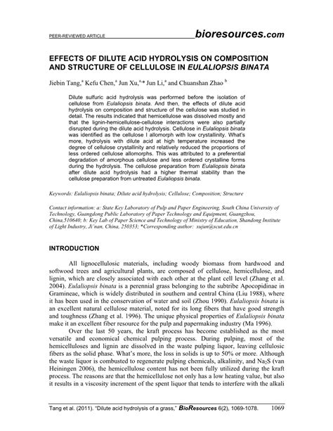 Effects Of Dilute Acid Hydrolysis On Composition And Structure Of