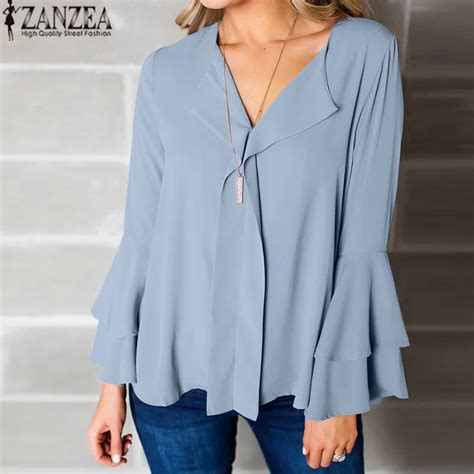 Zanzea Plus Size Women Blouse 2018 Autumn Long Sleeve Flare Blusas Femininas Work Office Shirt