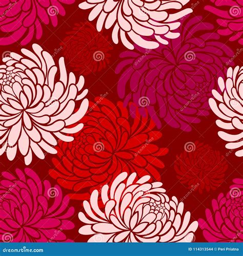 Vector Japanese Seamless Pattern With Chrysanthemums On Red Background