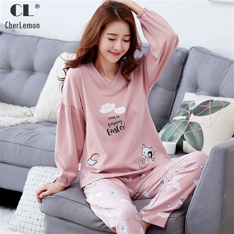 Cherlemon 2018 New Womens Pajamas Cotton Sleepwear Set Long Sleeves