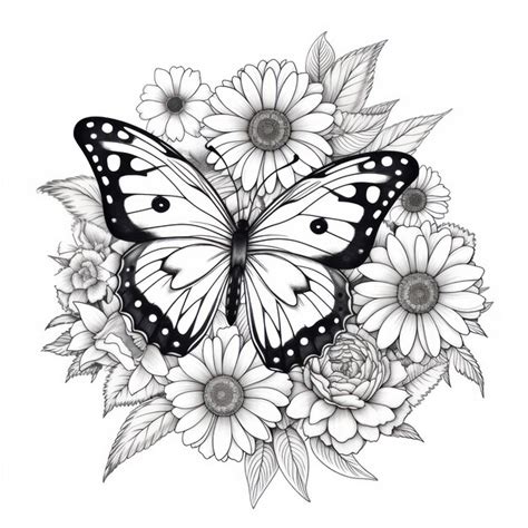 Premium Photo | A drawing of a butterfly and flowers with butterflies on it