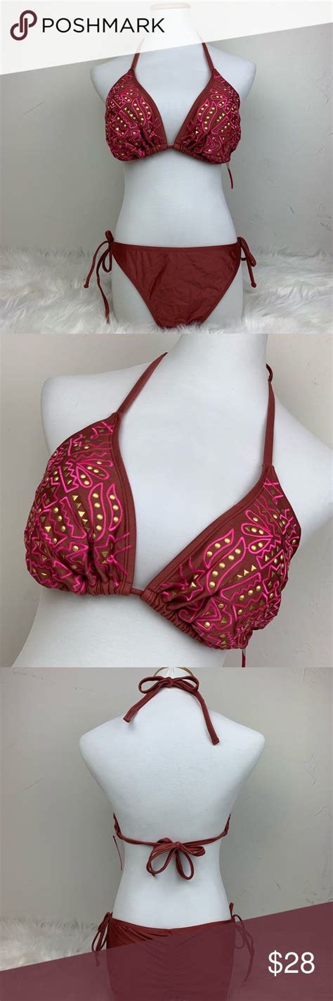 Burgundy Red Tribal Aztec Studded Bikini Swimsuit Xhilaration Red