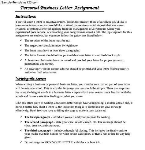 Personal Business Letter Assignment Sample Templates Sample Templates