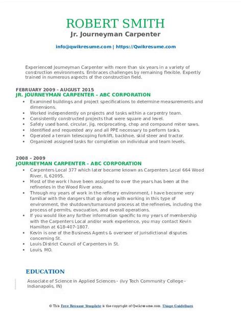 Journeyman Carpenter Resume Example