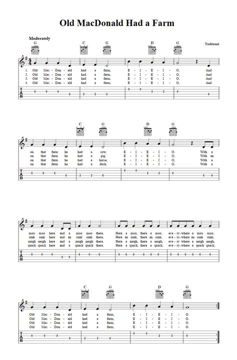 Old MacDonald Had a Farm: Chords, Sheet Music, and Tab for Guitar with Lyrics