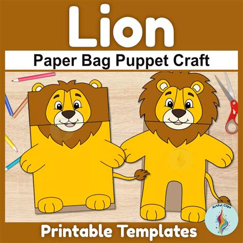 lion paper bag puppet craft template  kids zoo animal