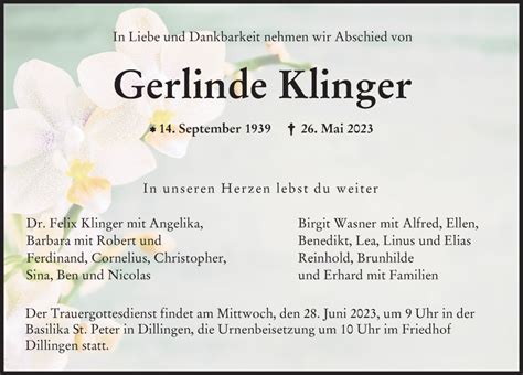 Traueranzeigen Von Gerlinde Klinger Allg Uer Zeitung