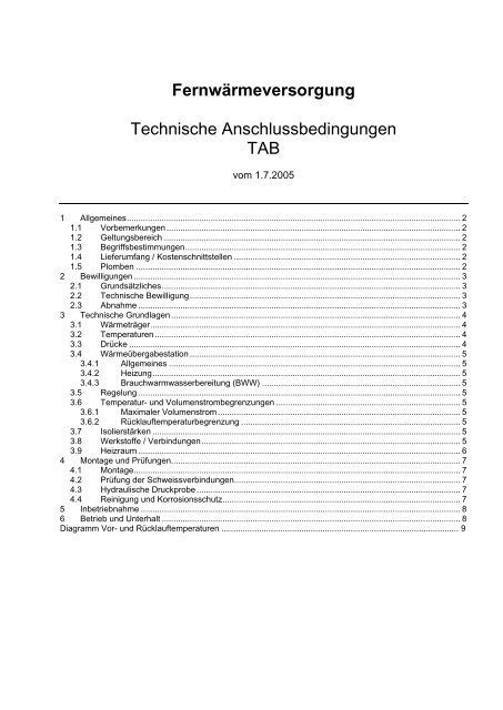 Fernw Rmeversorgung Technische Anschlussbedingungen Tab