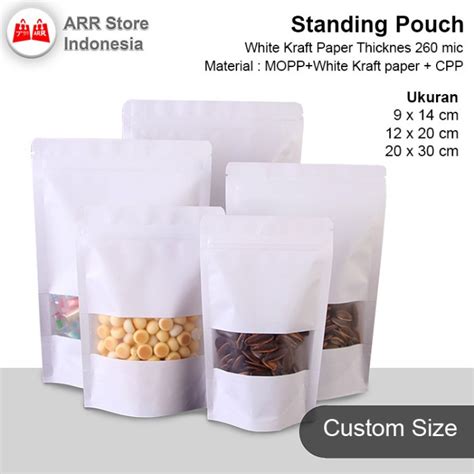 Jual Standing Pouch White Kraft Paper Bag Window Kemasan Plastik Klip