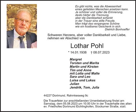 Traueranzeigen Von Lothar Pohl Trauer In NRW De