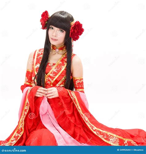 Asia Chinese Style Girl In Red Traditional Dress Dancer Stock Photo