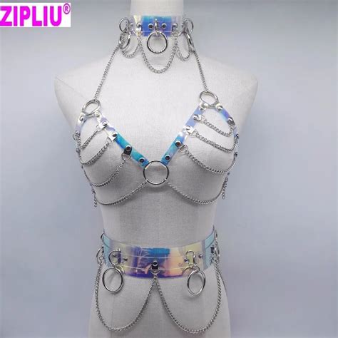 Fashion Sexy Harajuku Handmade Laser Holographic Choker Harness Punk Collar Belt Necklace Bra