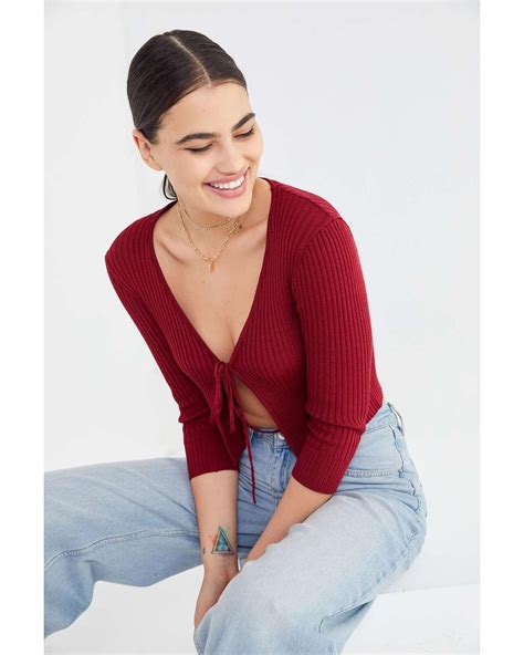 Urban Outfitters Uo Noor Ribbed Tie Front Cardigan In Red Lyst