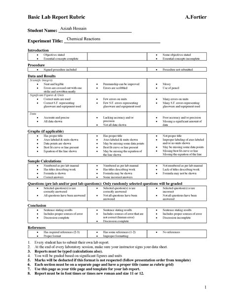 Lab Report 3 Chemical Reactions Basic Lab Report Rubric A Student