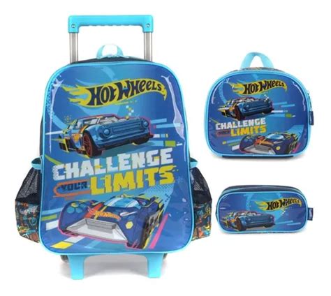 Kit Mochila Escolar Hot Wheels Rodinhas Lancheira Estojo