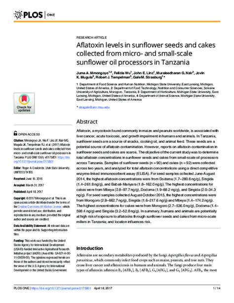 Pdf Aflatoxin Levels In Sunflower Seeds And Cakes Collected From