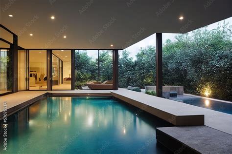 Modern patio outdoor with swimming pool. Modern house interior and ...