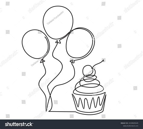 Continuous Line Drawing Birthday Cupcake Balloons Stock Vector Royalty