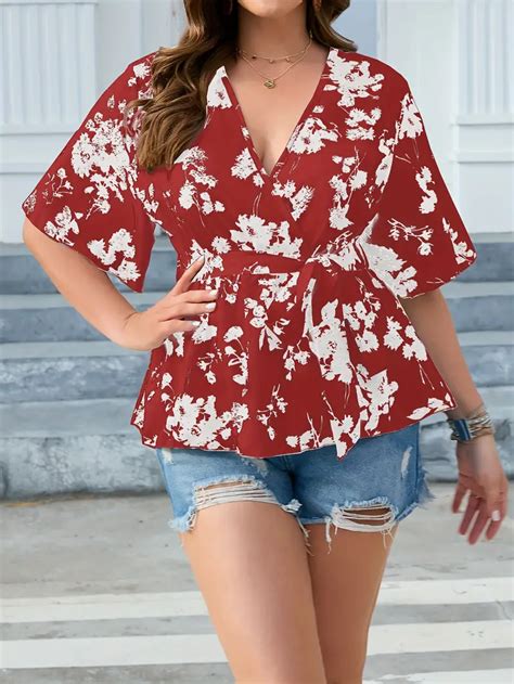 Plus Size Elegant Blouse Womens Plus Floral Print Flutter Sleeve