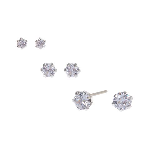 Sterling Silver Cubic Zirconia Graduated Round Stud Earrings 3 Pack