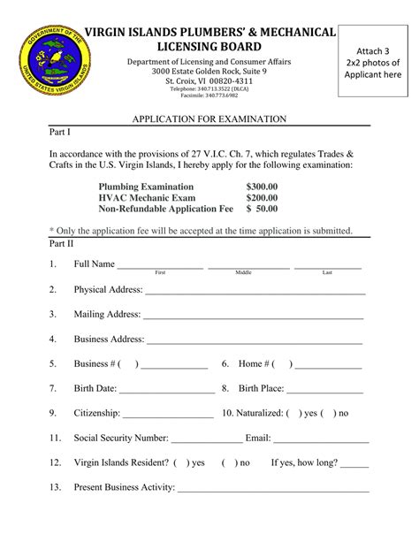 Virgin Islands Plumbing Master Mechanic Exam Application Fill Out