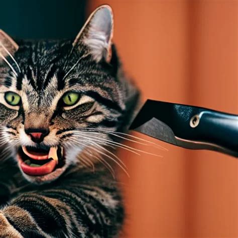 Photo Of An Aggressive Cat Holding A Knife On Its Teeth Stable