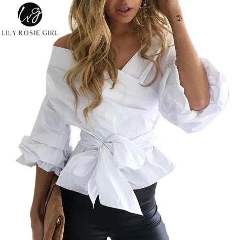 Sexy Off Shoulder Blue Striped Ruffled Women Blouses Tops Elegant Bow Ruched Sleeves White