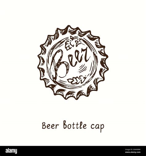 Beer Cap Top View Ink Black And White Doodle Drawing In Woodcut Style