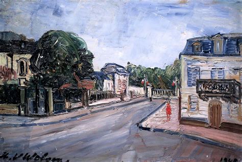 An Oil Painting Of A Street Scene With Buildings And Trees On Either