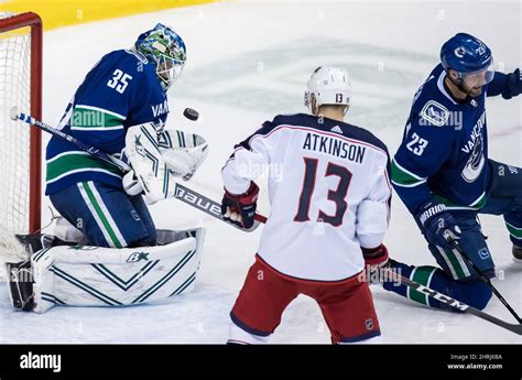 Vancouver Canucks Goalie Thatcher Demko 35 Makes A Save As Columbus