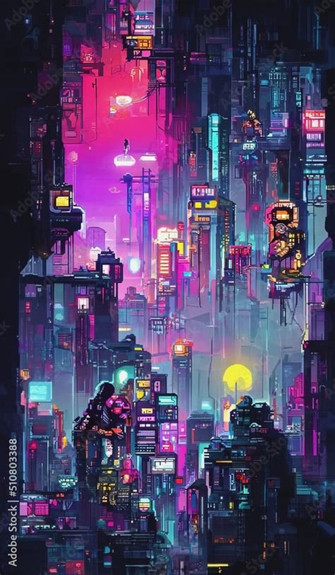 Cyberpunk neon city street at night. Futuristic city scene in a style of pixel art. 80's ...