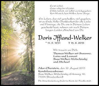 Traueranzeigen Von Doris Iffland Welker Rz Trauer De