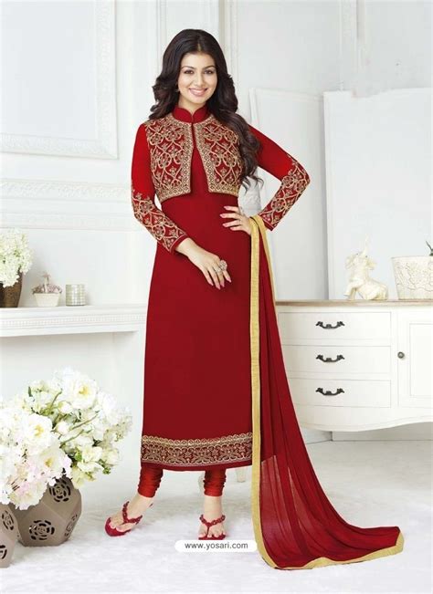 Red Pure Georgette Embroidered Designer Churidar Suit Pakistani Dress