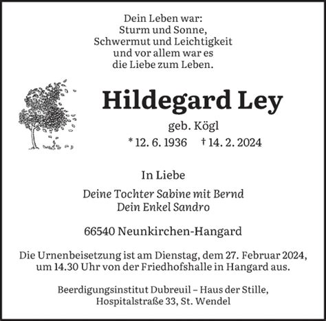 Traueranzeigen Von Hildegard Ley Saarbruecker Zeitung Trauer De