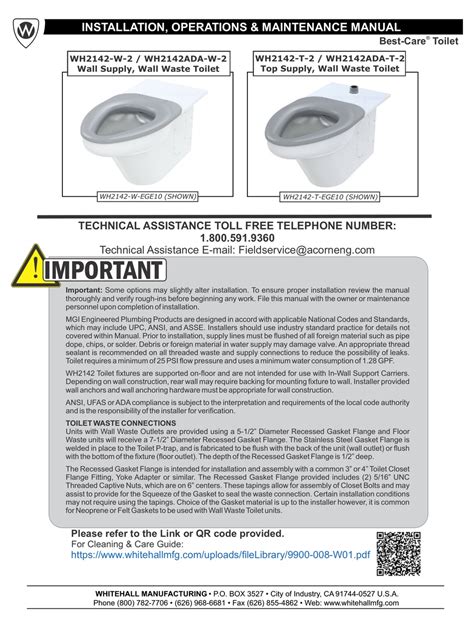 Whitehall Manufacturing Best Care Wh2142 W 2 Installation Operation