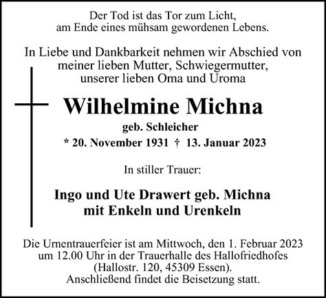 Traueranzeigen Von Wilhelmine Michna Trauer In Nrw De