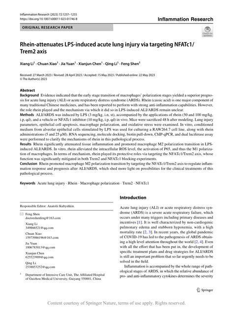 PDF Rhein Attenuates LPS Induced Acute Lung Injury Via Targeting