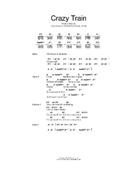 Crazy Train By Ozzy Osbourne Sheet Music For Guitar Chords Lyrics At Sheet Music Direct