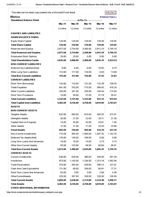 Marico Bs Pdf Balance Sheet Money