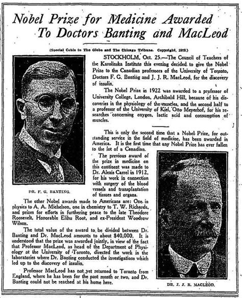 Nobel Prize for Medicine Awarded to Doctors Frederick Banting and John ...