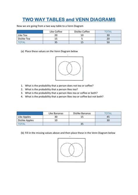 Venn Diagram Probability Worksheet Pdf