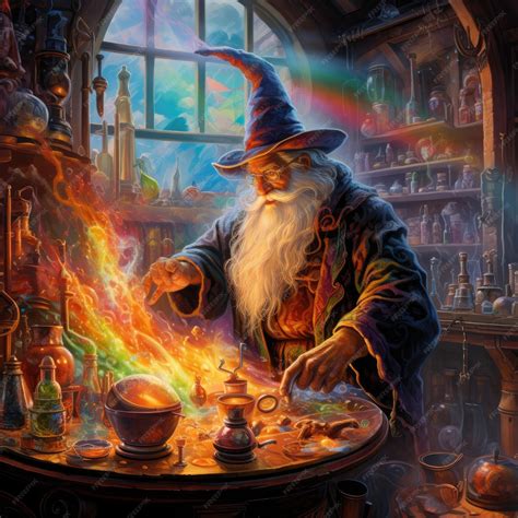 Premium Photo | A painting of a wizard cooking with a fire in the