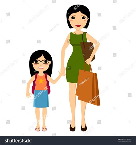 Cartoon Asian Mother Holds Young Daughter เวกเตอร์สต็อก ปลอดค่า