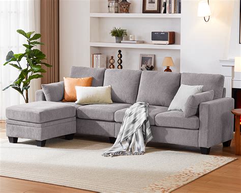 CHIC HOUSE Living Room L Shaped Sofa, Reversible Corduroy Fabric with ...