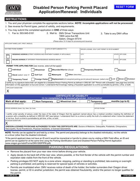 Oregon Dmv Form 735 0265 Disabled Person Parking Permit Placard Application RenewalвЂ‹ W