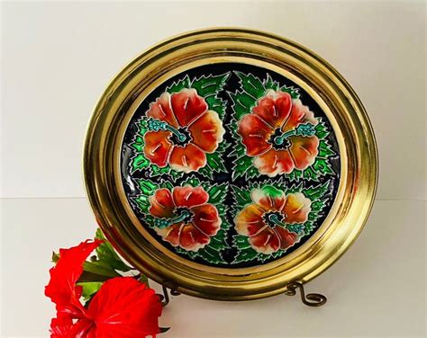 Vintage Brass Enamel Hibiscus Flower Round Wall Hanging Tropical